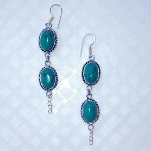 Long Tibetan Turquoise & 925 Sterling Silver Drop Earrings NWT